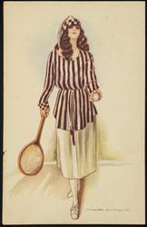 Woman in stripes with tennis racquet and ball.