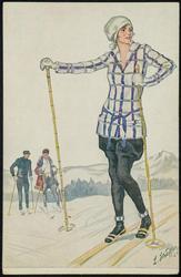 Woman on skis with white hat and plaid jacket.