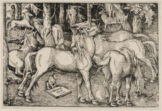 Stallion Approaching a Mare with Ape and Man Looking On