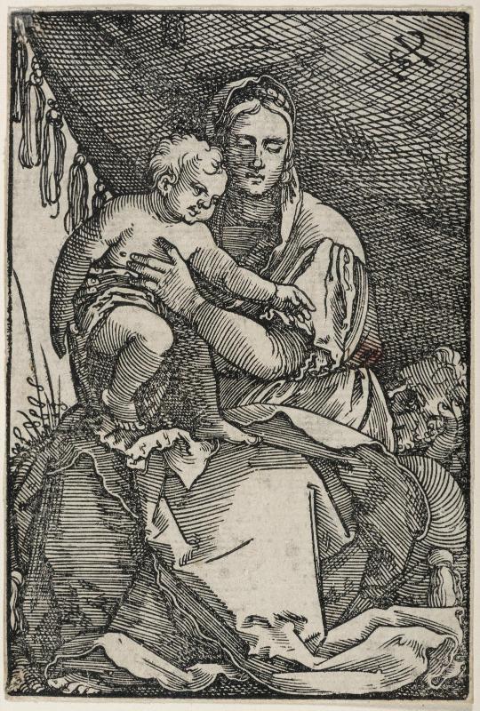Holy Family under a curtain