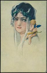 Cupid whispering in a woman's ear.