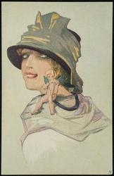 Woman with Cupid on her shoulder.