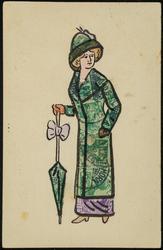 Woman with umbrella colllaged with cancelled stamps.