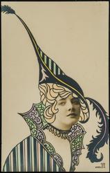 Woman in green and pink stripes.