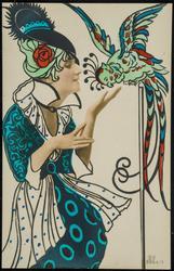 Woman in blue with green and blue parrot.