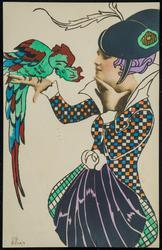 Woman in checkered jacket with green and blue parrot.