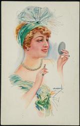 Woman with compact and lipstick.