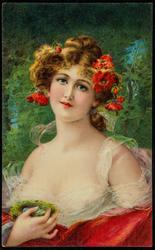Victorian beauty with short brown hair and a nest in her hand.