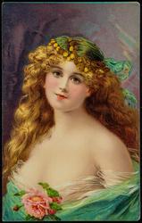 Victorian beauty with long blond hair and coins in her cap.