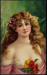 Victorian beauty with long blond hair and a pink bow.