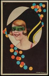 Masked woman with black hat.