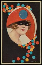 Masked woman with red hat.