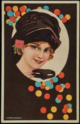 Woman with mask and purple hat.