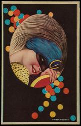 Masked woman with blue hat.