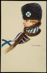 Woman wearing a scarf representing the Finnish flag.