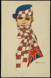 Woman wearing a scarf representing the UK flag.