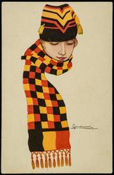 Woman wearing a scarf representing the Belgian flag.