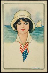 Woman at the sea wearing American flag kerchief.