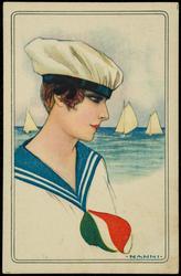 Woman at the sea wearing Italian flag kerchief.