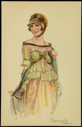 Woman wearing a green bodice.