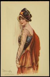 Woman wearing a red cape.