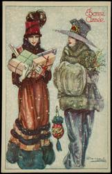 "Bonne Année" - two women with gifts walking in the snow.