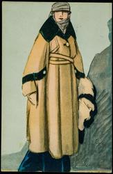 Woman in a long tan coat.