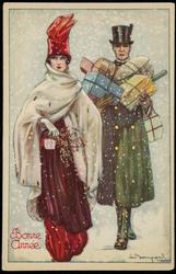 "Bonne Année" - Man and woman carrying gifts, walking in the snow.
