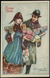 "Bonne Année" - Man and woman carry gifts and holly through the snow.