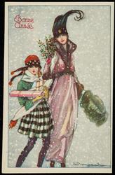 "Bonne Année" - Woman and girl carrying gifts and greens through the snow.