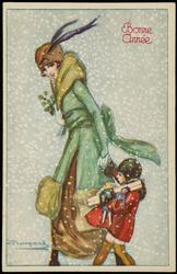 "Bonne Année" - Woman and young child carrying gifts and holly through the snow.