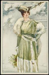 Woman in a green and white fur coat outdoors in the snow.
