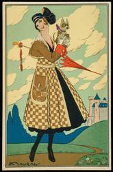 Fashion postcard of a woman in a checkered coat with a small dog and a red parasol.