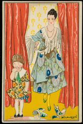 Fashion postcard of a woman In a lacy paisley dress with young girl and broken vase.
