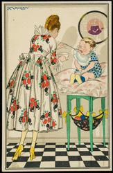 Fashion postcard of a woman in a floral print dress feeding a baby.