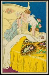 Fashion postcard of a woman in floral bed clothes with a young child.