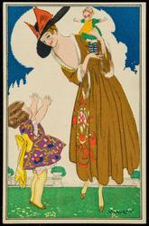 Fashion postcard of a woman in fur trimmed brown dress with a doll for a young child.
