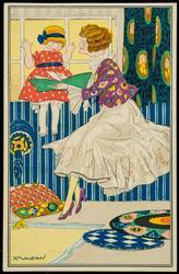 Fashion postcard of a woman in white dress with a colorful floral jacket reading to a young girl.