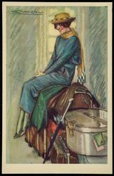 Fashion postcard of a woman sitting on a trunk.