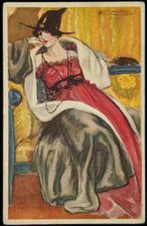 Fashion postcard of a woman in a red dress with large robe.