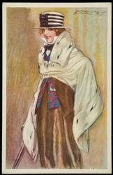 Fashion postcard of a woman in a striped hat and ermine wrap.