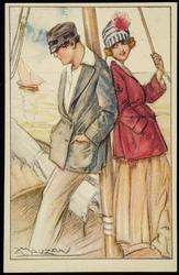 Fashion postcard of a man and woman leaning against the mast of a boat.