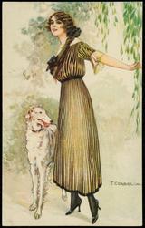 Portrait of a woman in a striped dress and a tall white dog.