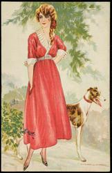 Portrait of a woman in a long pink dress with white trim and a large dog.