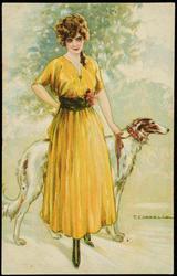 Portrait of a woman in a long yellow dress with a tall white dog.