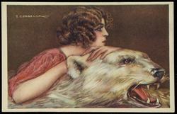 Portrait of a woman on a polar bear rug.