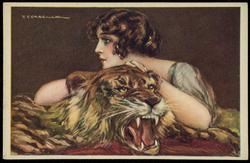 Portrait of a woman on a roaring tiger rug.