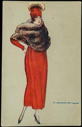 Portrait of a woman in a long red dress with fur wrap.