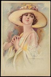 Portrait of a woman in a white dress and hat.