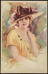 Portrait of a woman in a yellow dress and hat.
